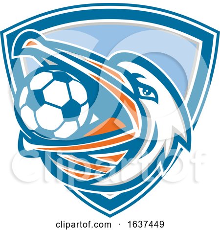Retro Pelican Bird Holding a Soccer Ball in His Beak, in a Blue White and Gray Shield by patrimonio