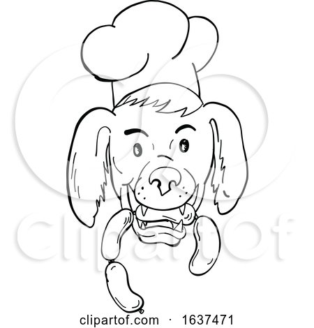 Chef Dog Biting Sausage String Cartoon Black and White by patrimonio