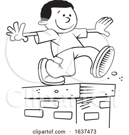 Cartoon Black and White African American Boy Walking on Top of a Brick Wall by Johnny Sajem