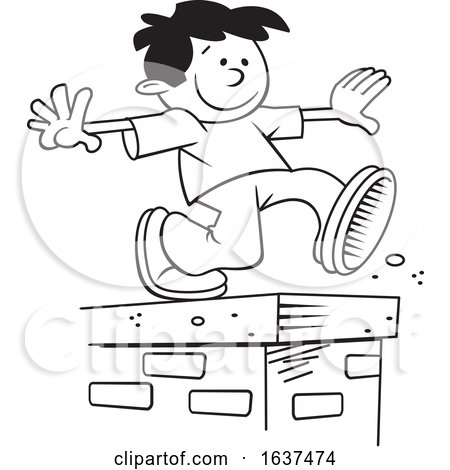 Cartoon Black and White Boy Walking on Top of a Brick Wall by Johnny Sajem