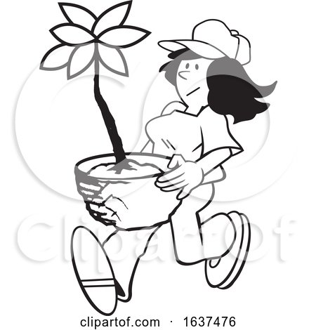 Cartoon Black and White Gardener Woman Carrying a Potted Plant by Johnny Sajem