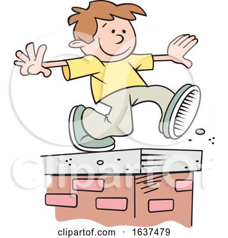 Cartoon White Boy Walking on Top of a Brick Wall by Johnny Sajem