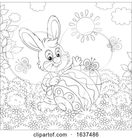 Black and White Bunny Rabbit with a Patterned Easter Egg by Alex Bannykh