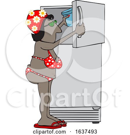 Cartoon Black Lady in a Bikini and Swim Cap Putting Something in a Freezer by djart