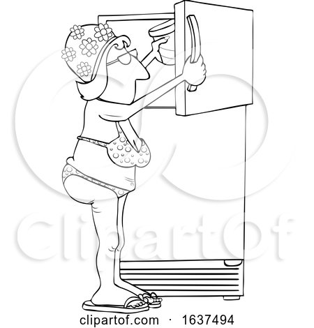 Cartoon Black and White Lady in a Bikini and Swim Cap Putting Something in a Freezer by djart