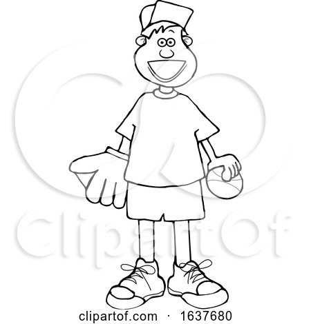 Cartoon Black and White Happy Boy with a Baseball and Glove by djart