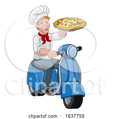 Pizza Delivery Chef Scooter Moped Cartoon Man by AtStockIllustration