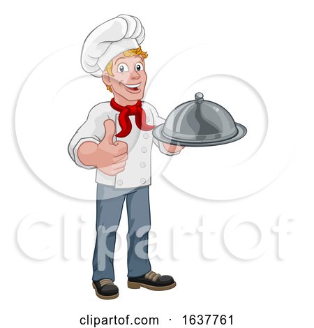 Chef Holding Plate Platter Cartoon by AtStockIllustration