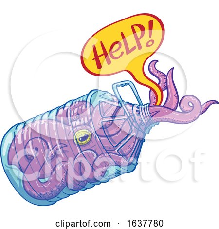 Cartoon Purple Octopus Stuck Inside a Plastic Bottle and Asking for Help by Zooco