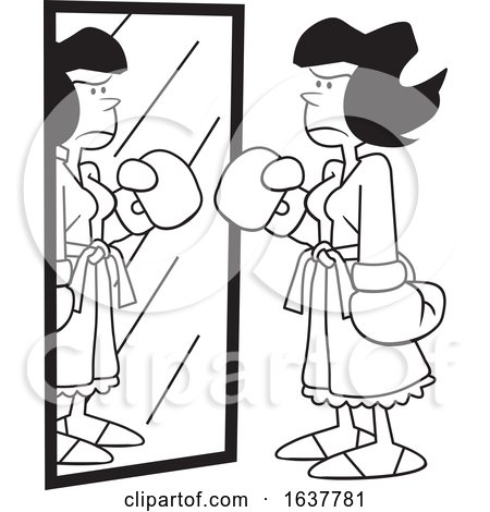 Cartoon Black and White Tough Woman Wearing Boxing Gloves in Front of a Mirror by Johnny Sajem