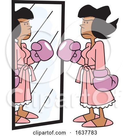 Cartoon Tough Black Woman Wearing Boxing Gloves in Front of a Mirror by Johnny Sajem