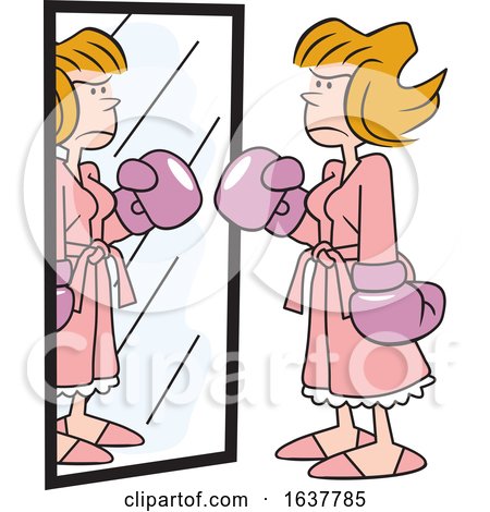 Cartoon Tough White Woman Wearing Boxing Gloves in Front of a Mirror by Johnny Sajem