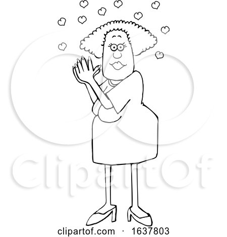 Cartoon Black and White Woman Clasping Her Hands Together Under Love Hearts by djart