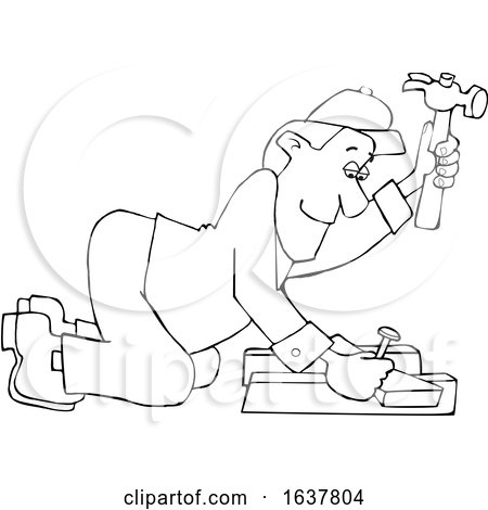 Cartoon Black and White Male Carpenter Kneeling and Hammering by djart