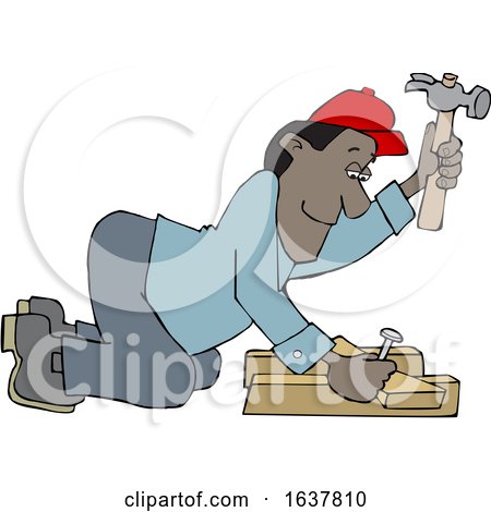 Cartoon Male Carpenter Kneeling and Hammering by djart