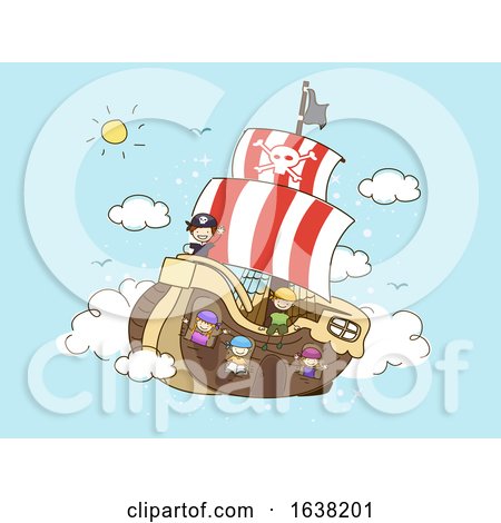 Stickman Kids Pirates Floating Ship Clouds by BNP Design Studio