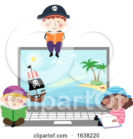 Kids Pirates Laptop Show Read Books Illustration by BNP Design Studio