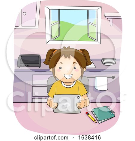 Kid Girl Tablet Kitchen Study Illustration by BNP Design Studio