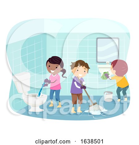 Stickman Kids Clean Toilet Illustration by BNP Design Studio