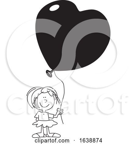 Cartoon Black and White Girl Holding a Heart Balloon by Johnny Sajem