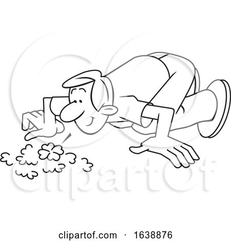Cartoon Black and White Man Discovering a Four Leaf Clover by Johnny Sajem