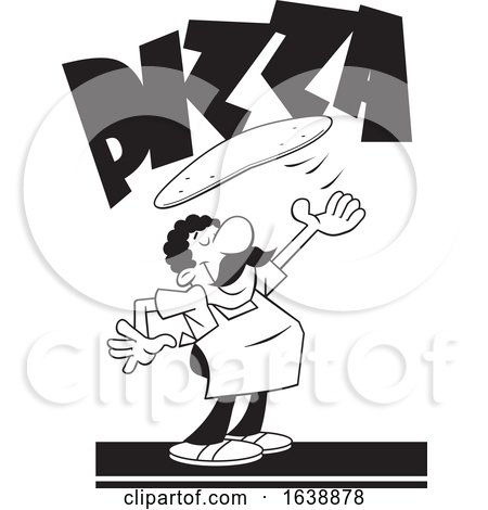 Cartoon Black and White Chef Tossing Dough Under Pizza Text by Johnny Sajem
