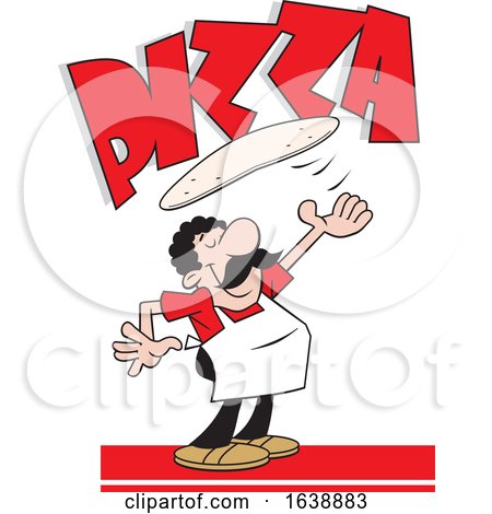 Cartoon Chef Tossing Dough Under Pizza Text by Johnny Sajem