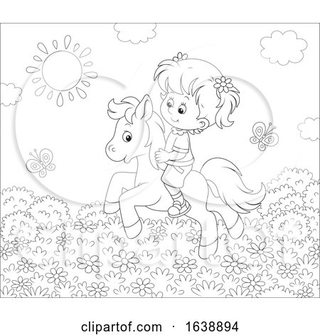 Black and White Little Girl Riding a Pony by Alex Bannykh