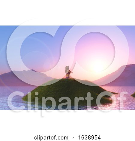 3D Female in a Yoga Pose Against a Sunset Sky by KJ Pargeter