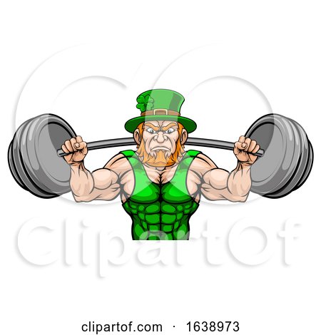 Leprechaun Mascot Weightlifter Lifting Big Barbell by AtStockIllustration