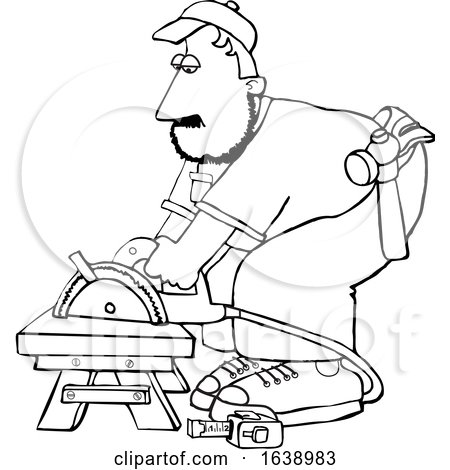 Cartoon Black and White Male Carpenter Using a Circular Saw by djart