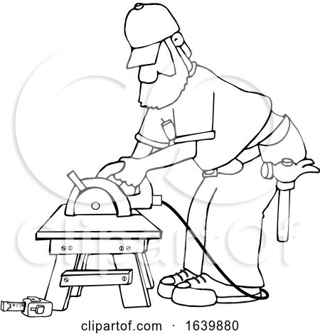 Cartoon Black and White Male Carpenter Working with a Circular Saw by djart