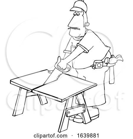 Cartoon Black and White Male Carpenter Using a Saw by djart