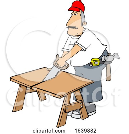 Cartoon White Male Carpenter Using a Saw by djart