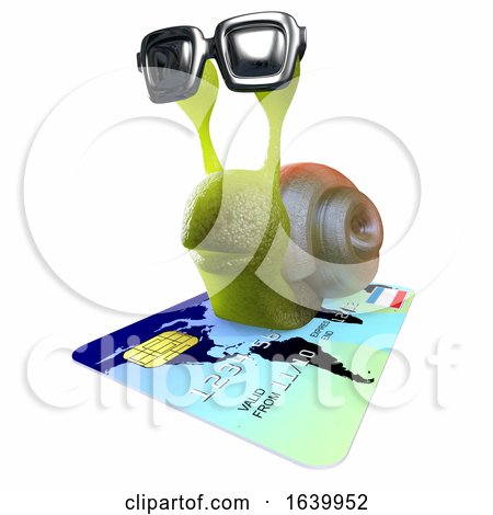 3d Funny Cartoon Snail Character Flying on a Debit Card by Steve Young
