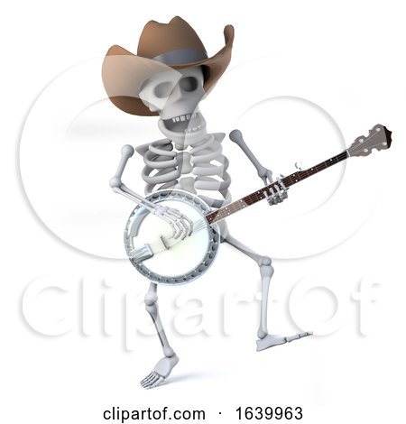 3d Cowboy Skeleton Dances While He Plays the Banjo Ukulele by Steve Young