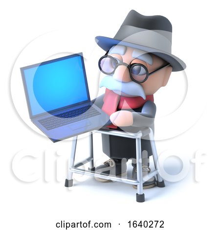 3d Grandpa with His Walking Frame Works Online on Laptop by Steve Young