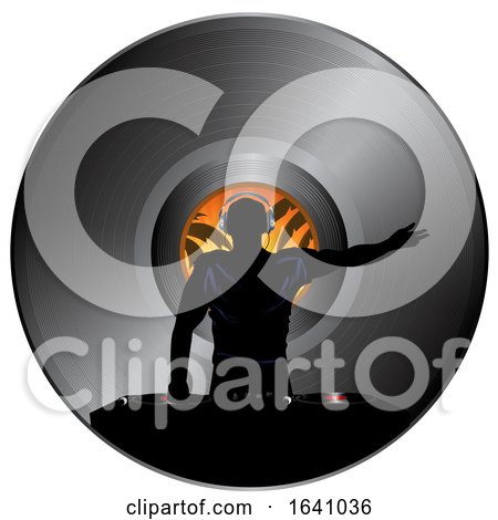 DJ Black Silhouette with Record Deck Turntables and Headphone over Vinyl Record Disc by elaineitalia