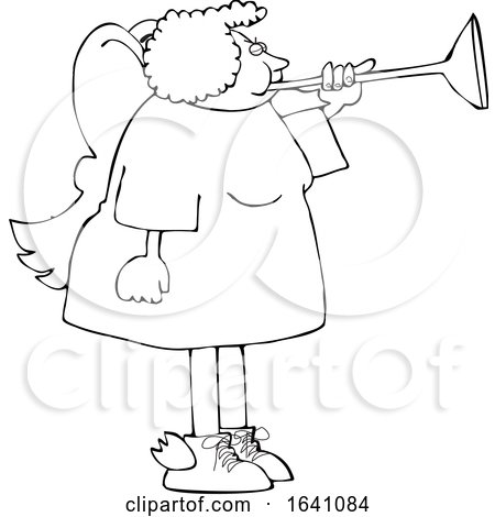 Cartoon Black and White Chubby Female Angel Playing a Horn by djart