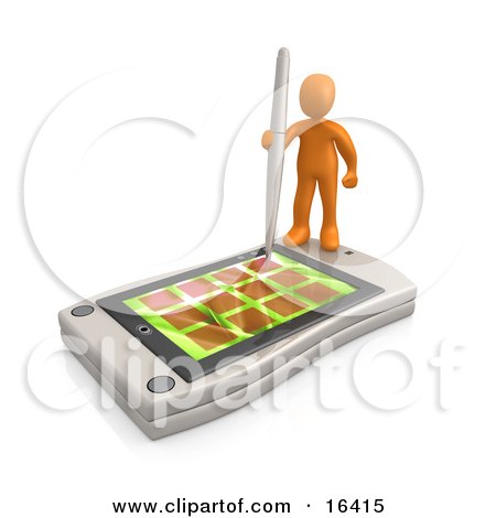 Orange Person Holding A Pen And Scheduling An Appointment On His White Palm Pilot While Standing On It Clipart Illustration Graphic by 3poD