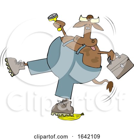 Cartoon Cow Worker Slipping on a Banana Peel by djart