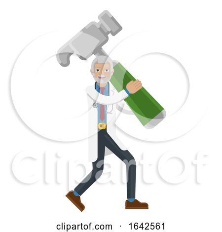 Mature Doctor Man Holding Hammer Mascot by AtStockIllustration