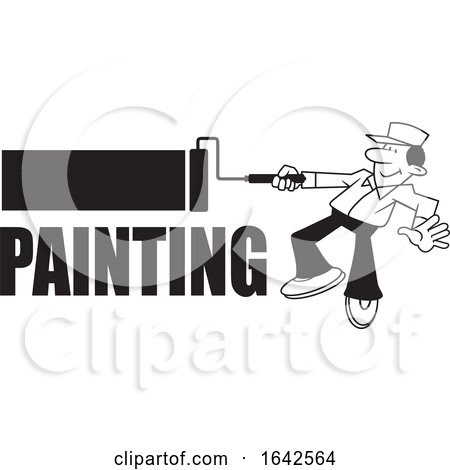 Cartoon Lineart Black Male Painter Using a Roller Brush over Text by Johnny Sajem