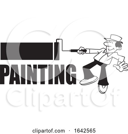 Cartoon Black and White Male Painter Using a Roller Brush over Text by Johnny Sajem