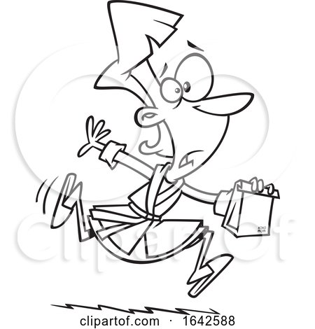Cartoon Lineart Mother or Wife Running with a Forgotten Lunch Bag by toonaday