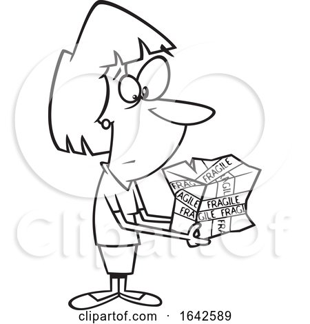 Cartoon Lineart Woman Holding a Mangled Fragile Package by toonaday
