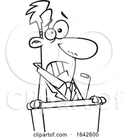 Cartoon Lineart Scared Man at a Speech Podium by toonaday