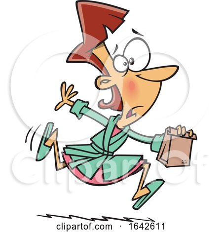 Cartoon White Mother or Wife Running with a Forgotten Lunch Bag by toonaday