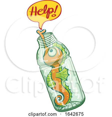Cartoon Seahorse Stuck in a Plastic Bottle and Asking for Help by Zooco