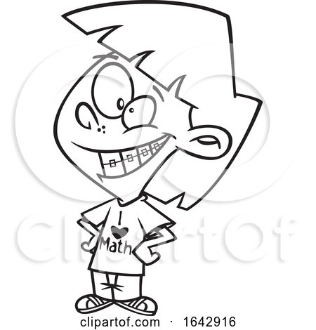 Cartoon Outline Girl with Braces Wearing a I Love Math Shirt by toonaday
